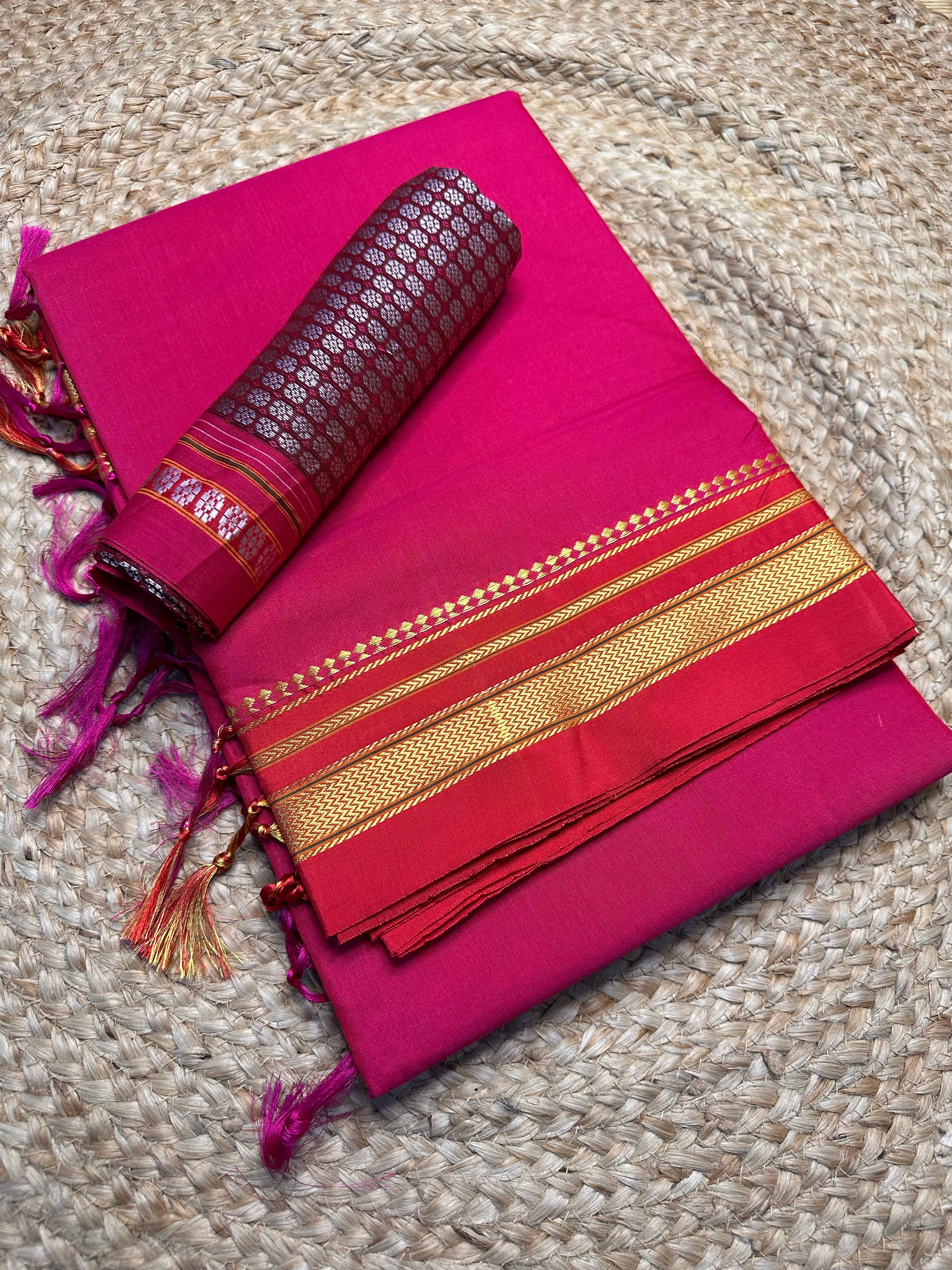 Beautiful Pink Plain Mercerised Cotton Ilkal Saree With Matching Khun Blouse