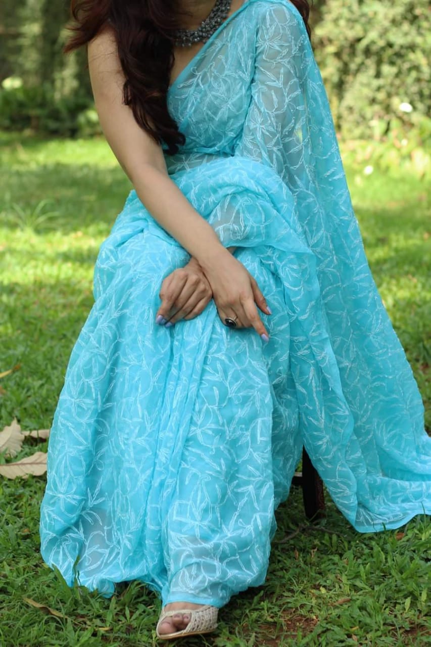 Blue Georgette Chiffon Fine Tepchi Chikankari Work Saree