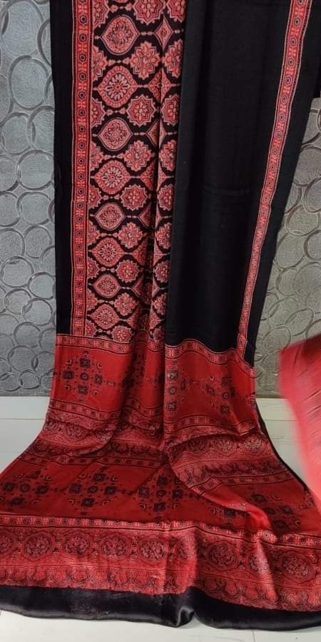 Authentic Red and Black Ajrakh Handblock Print Modal Silk Saree