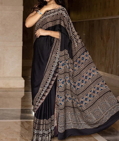 Black Original Authentic Ajrakh Pure Modal Silk Saree