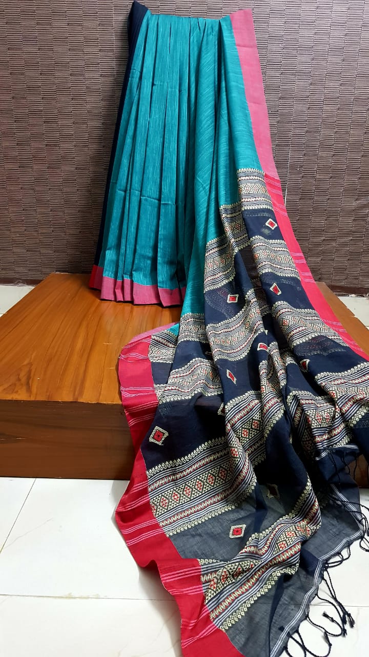Blue Khadi Cotton Jamdani Saree With Thin Contrast Border