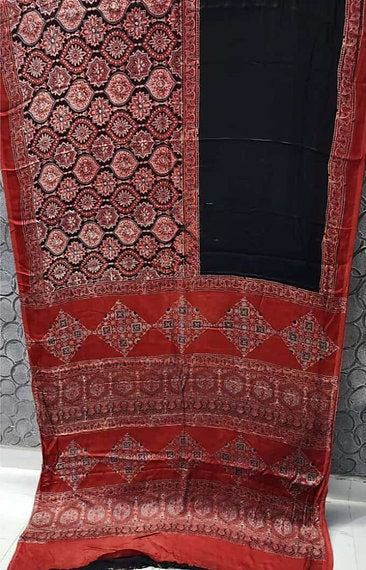 Black And Red Natural Ajrakh Handblock Print Pure Modal Silk Saree