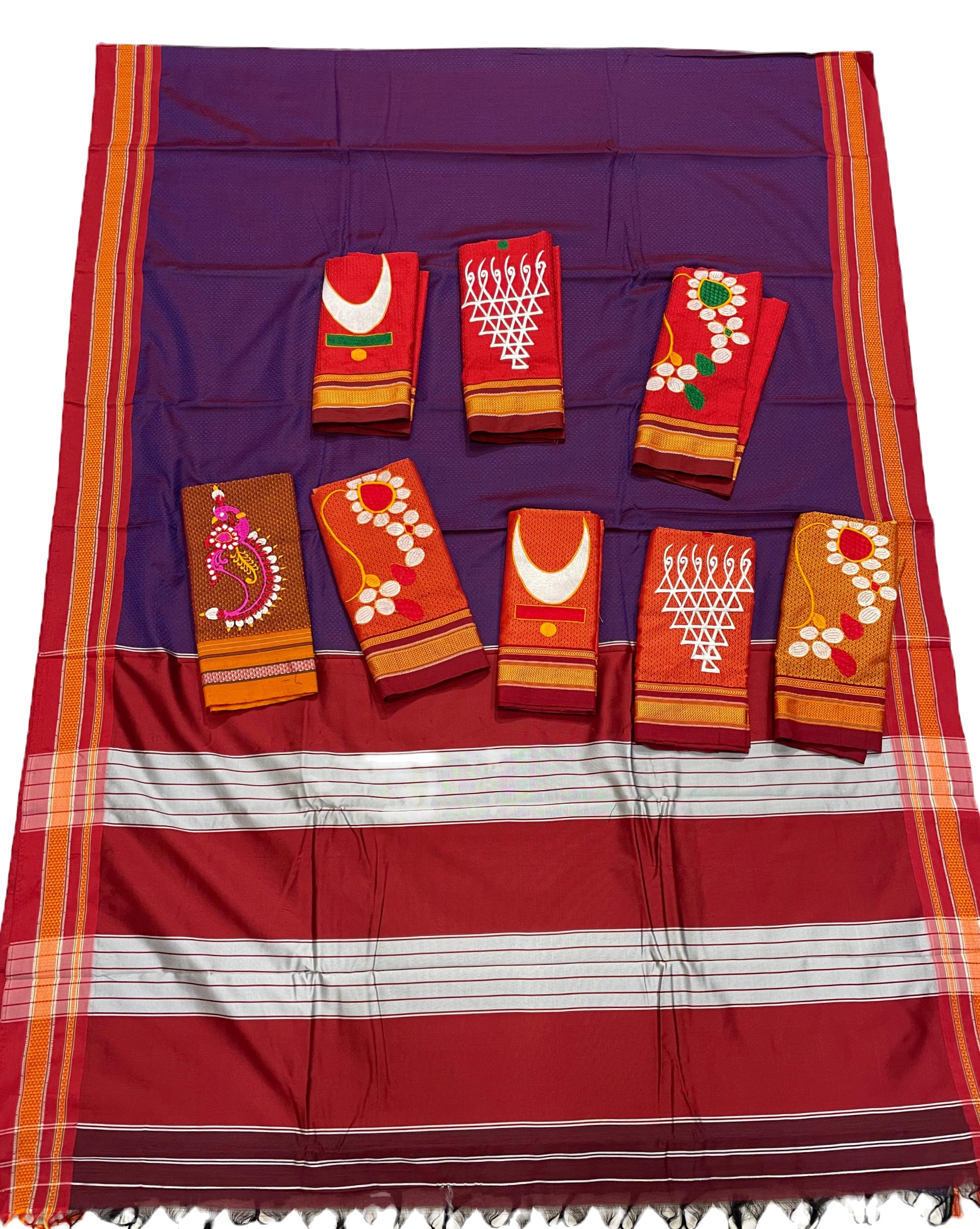 Stunning Purple Plain Resham Khan Mahrashtrian Saree With Nath Work Blouse Piece