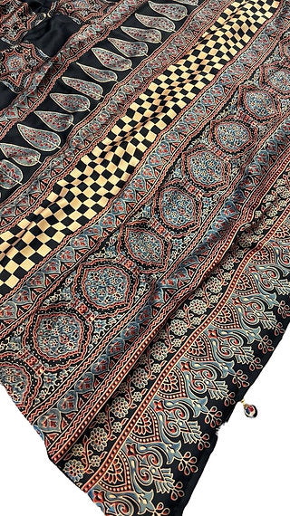 Black Ajrakh Handblock Pure Modal Silk Saree With Blouse Piece