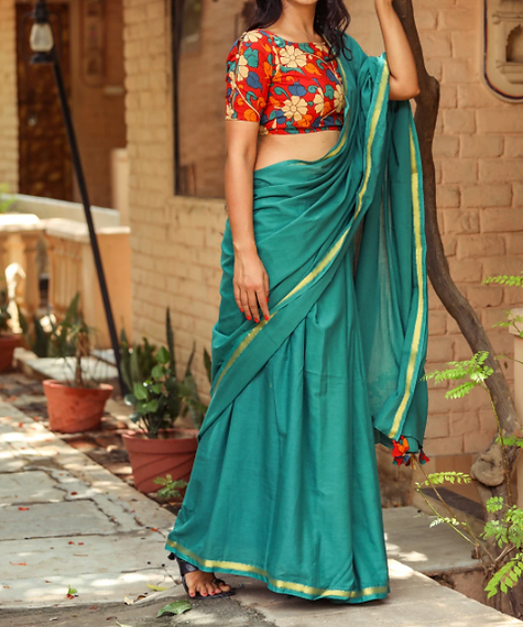 Utsava Collection - Mulmul Cotton Saree With Kalamkari Blouse Piece