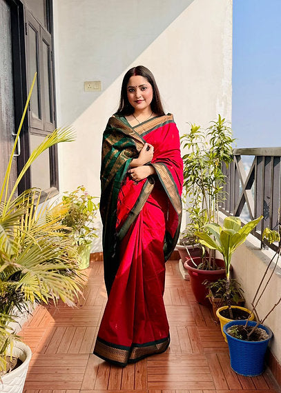 Red and Green Pure Gadwal Cotton Saree