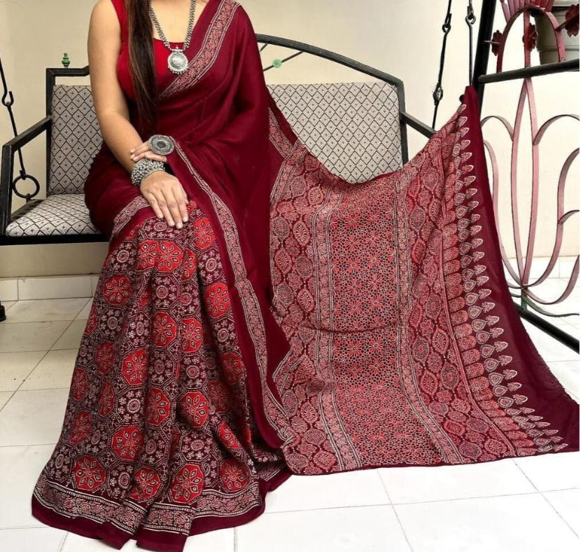Maroon Color Pure Modal Silk Authentic Ajrakh Print Saree