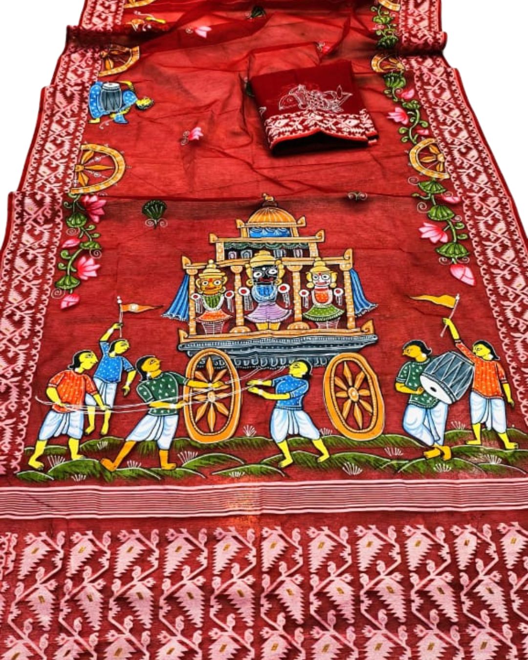 Exclusive Hand-Painted Pattachitra Dhakai Jamdani Cotton Saree | Jagannath Rath Yatra Design