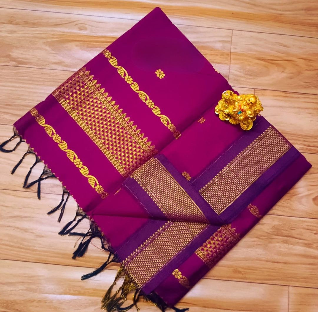 Kumkum Pink Gadwal Silk Cotton Saree with Majestic Violet Zari Border