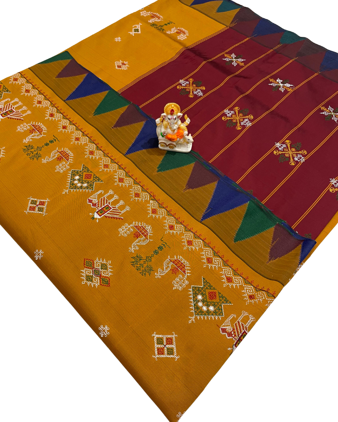 Mustard Yellow Silk Saree With Kasuti Work