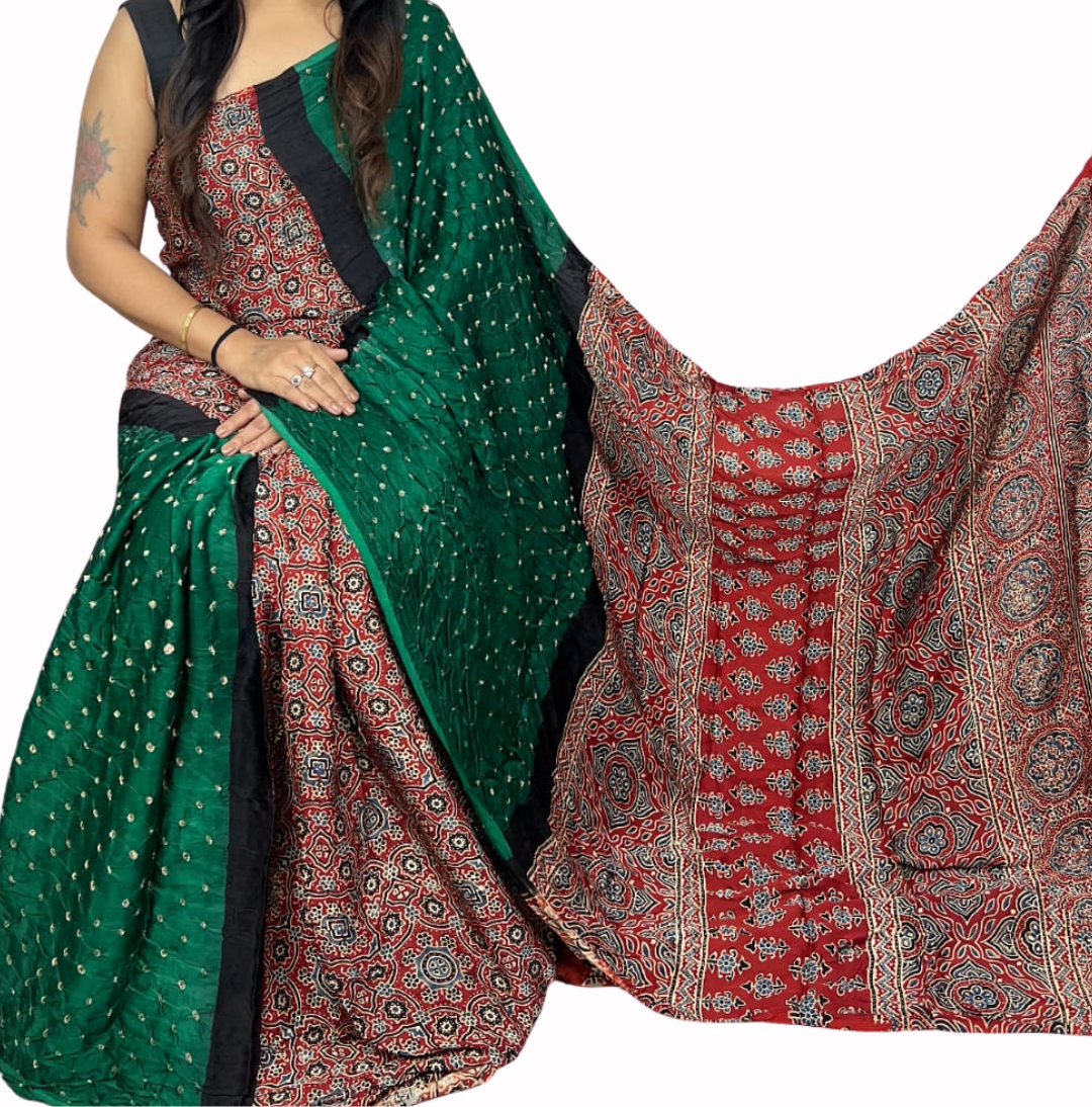 Ajrakh and Bandhani Pure Modal Silk Saree