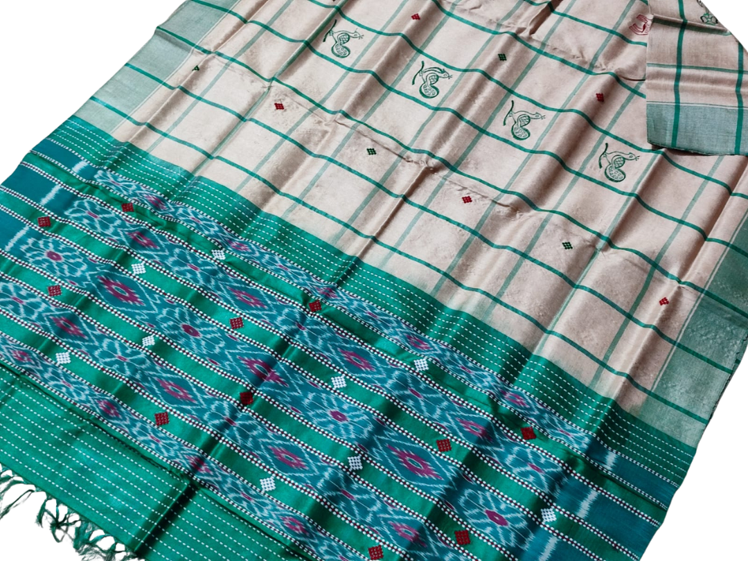 Handmade Santali Tribal Tussar Silk Saree with Check Body Contrast