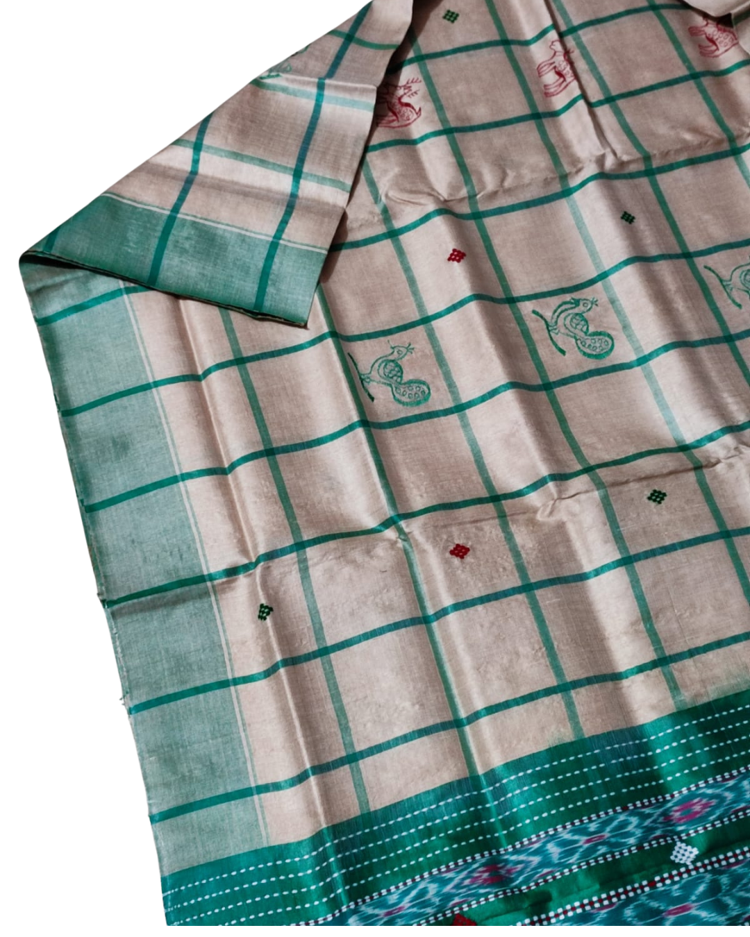 Handmade Santali Tribal Tussar Silk Saree with Check Body Contrast