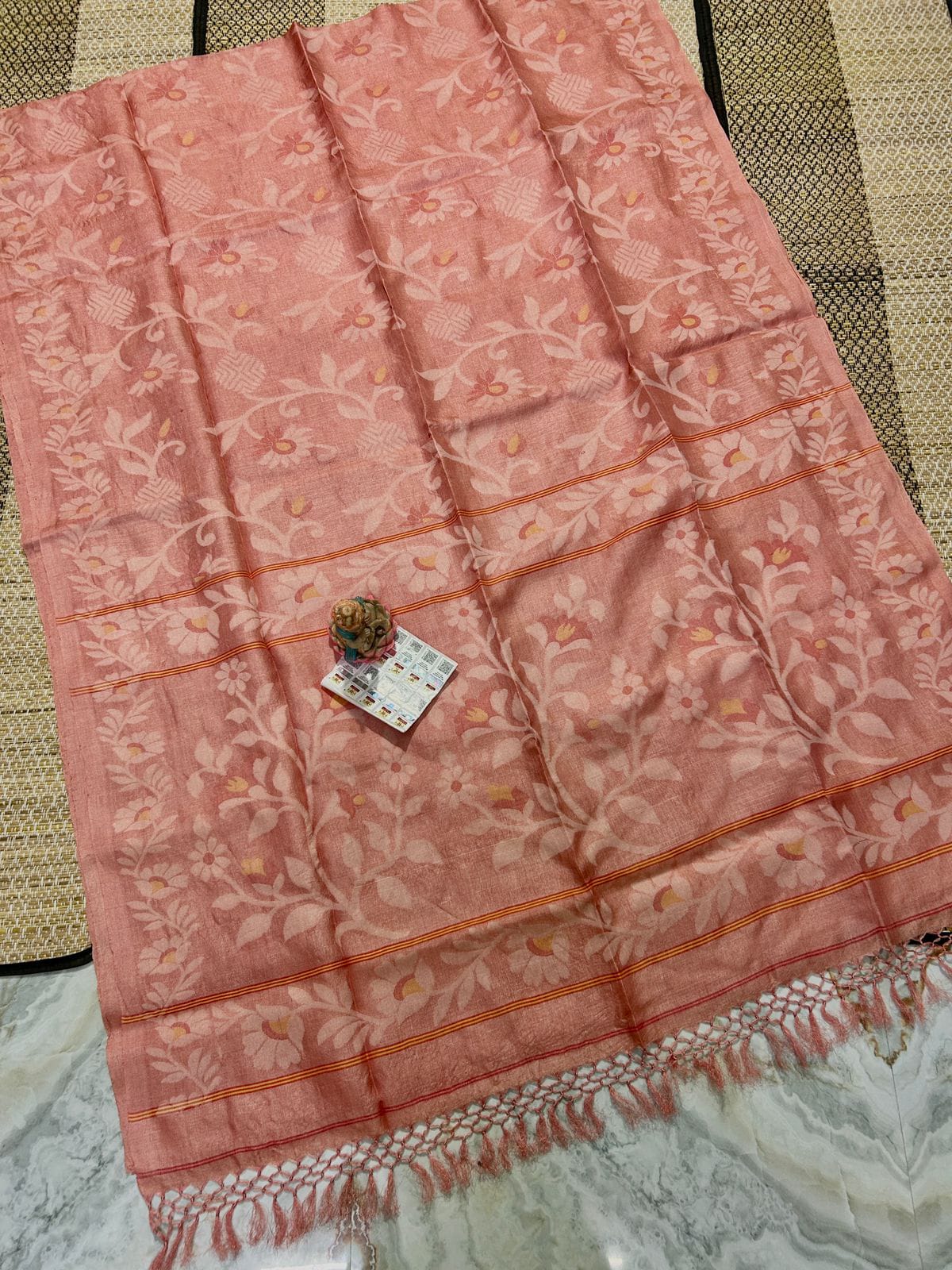 Coral Pink Handmade Pure Tussar Jamdani Saree with Blouse Piece