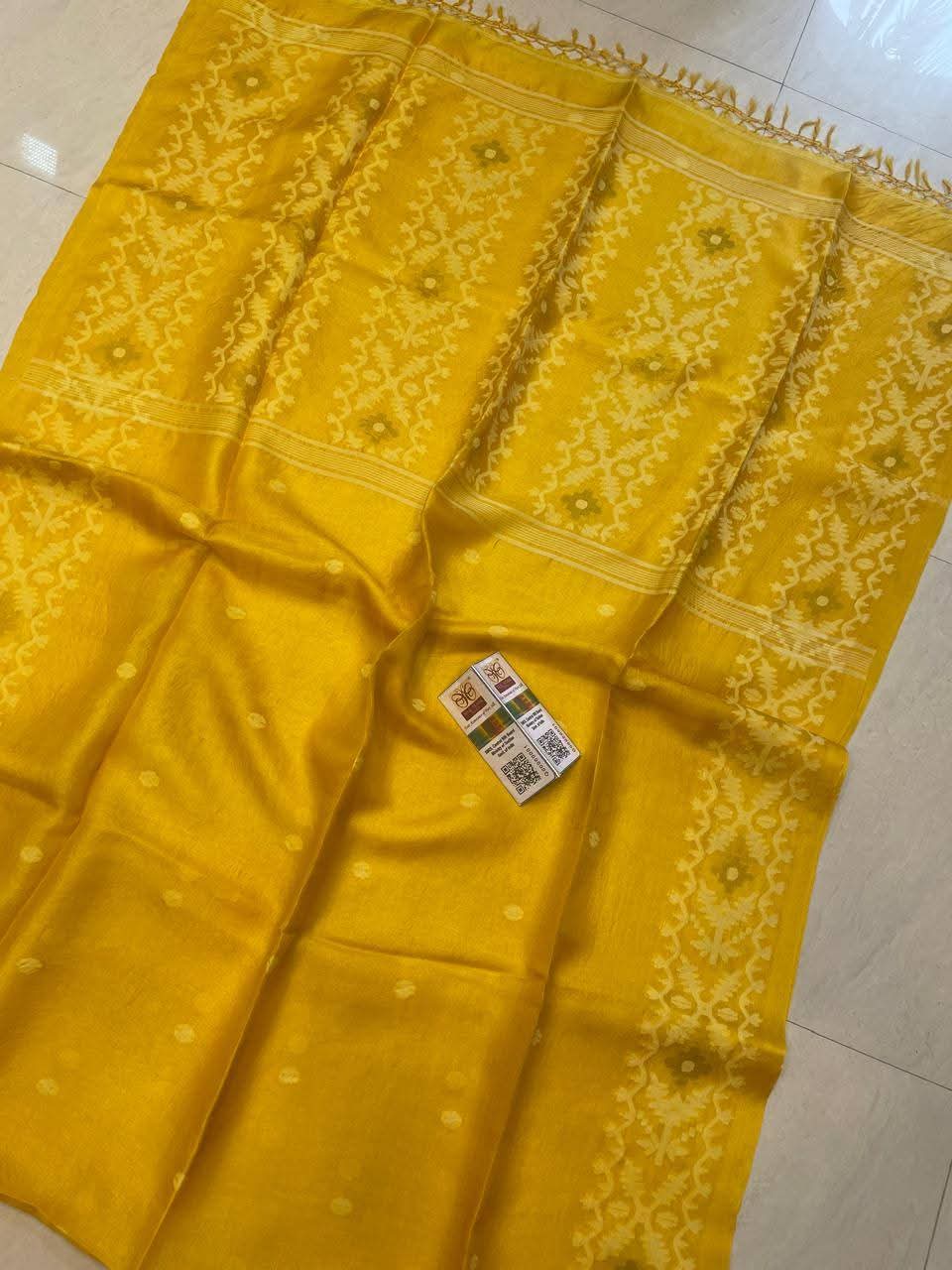 Yellow Color Handmade Pure Tussar Jamdani Saree with Blouse Piece