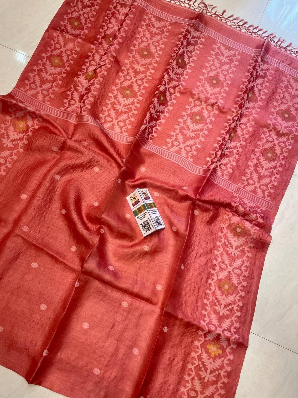 Reddish Coral Handmade Pure Tussar Jamdani Saree with Blouse Piece
