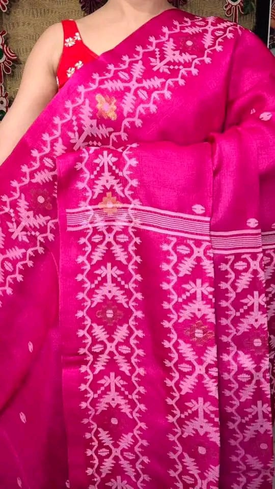 Pink Color Handwoven Pure Tussar Jamdani Saree with Blouse Piece