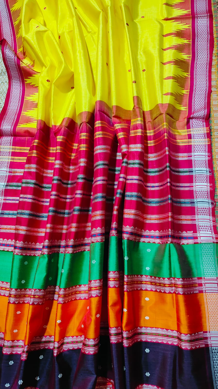 Bright Yellow Berhampuri Double Pallu Silk Saree With Blouse Piece