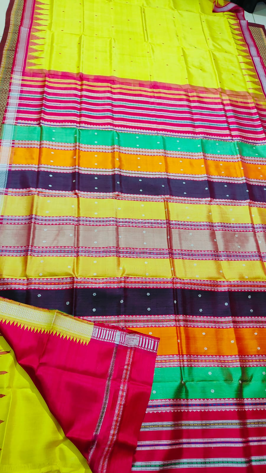 Bright Yellow Berhampuri Double Pallu Silk Saree With Blouse Piece