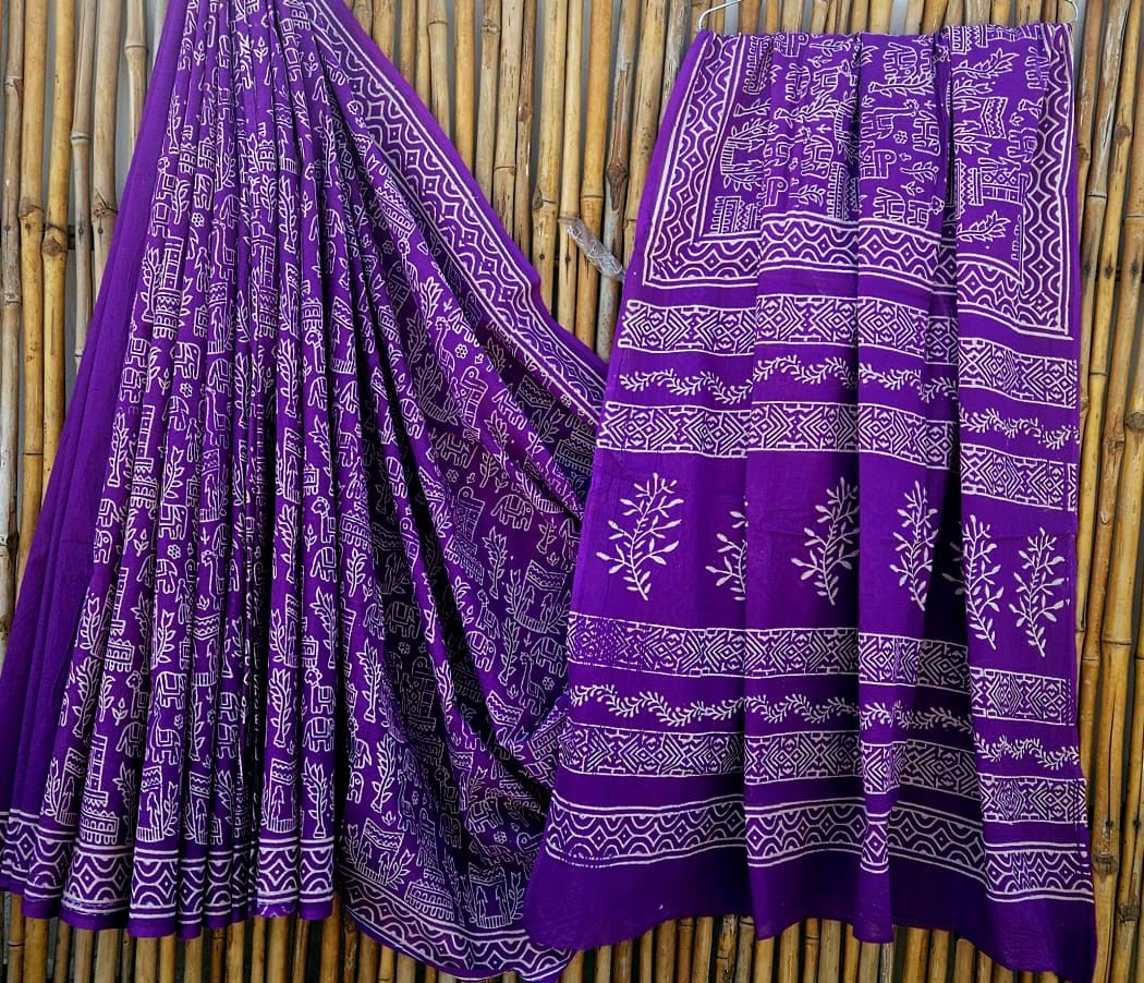 Pure Cotton Handblock Print Mulmul Saree – Naturally Dyed Bagru Print