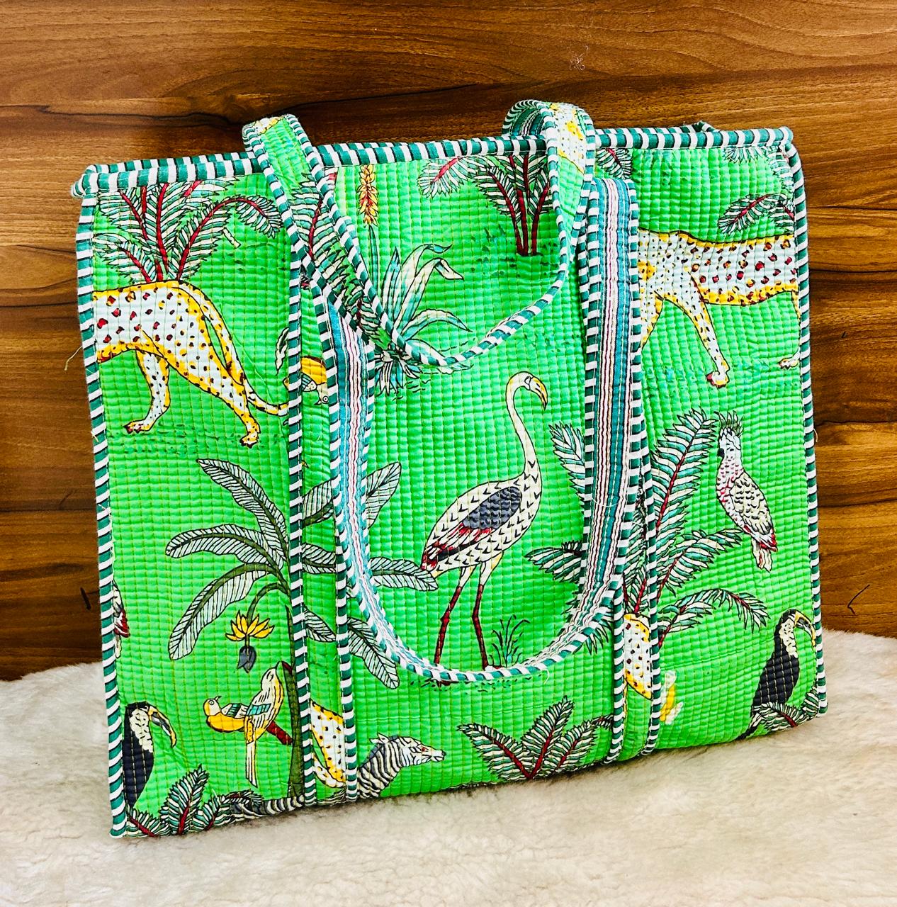 Stylish Hand Block Printed Quilted Tote Bag With Zip Closure