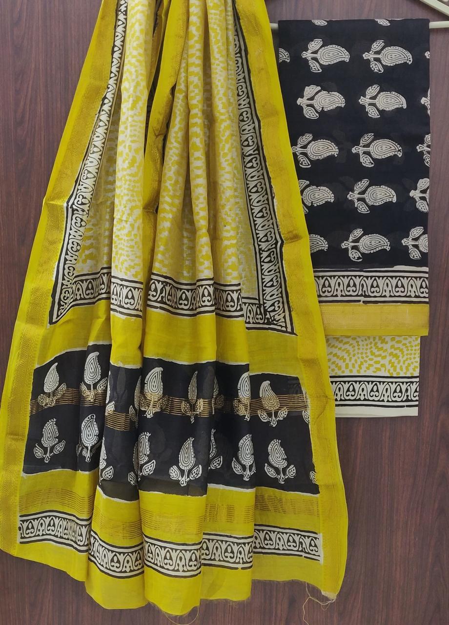 Exclusive Hand Block Printed Maheshwari Silk Suit Set