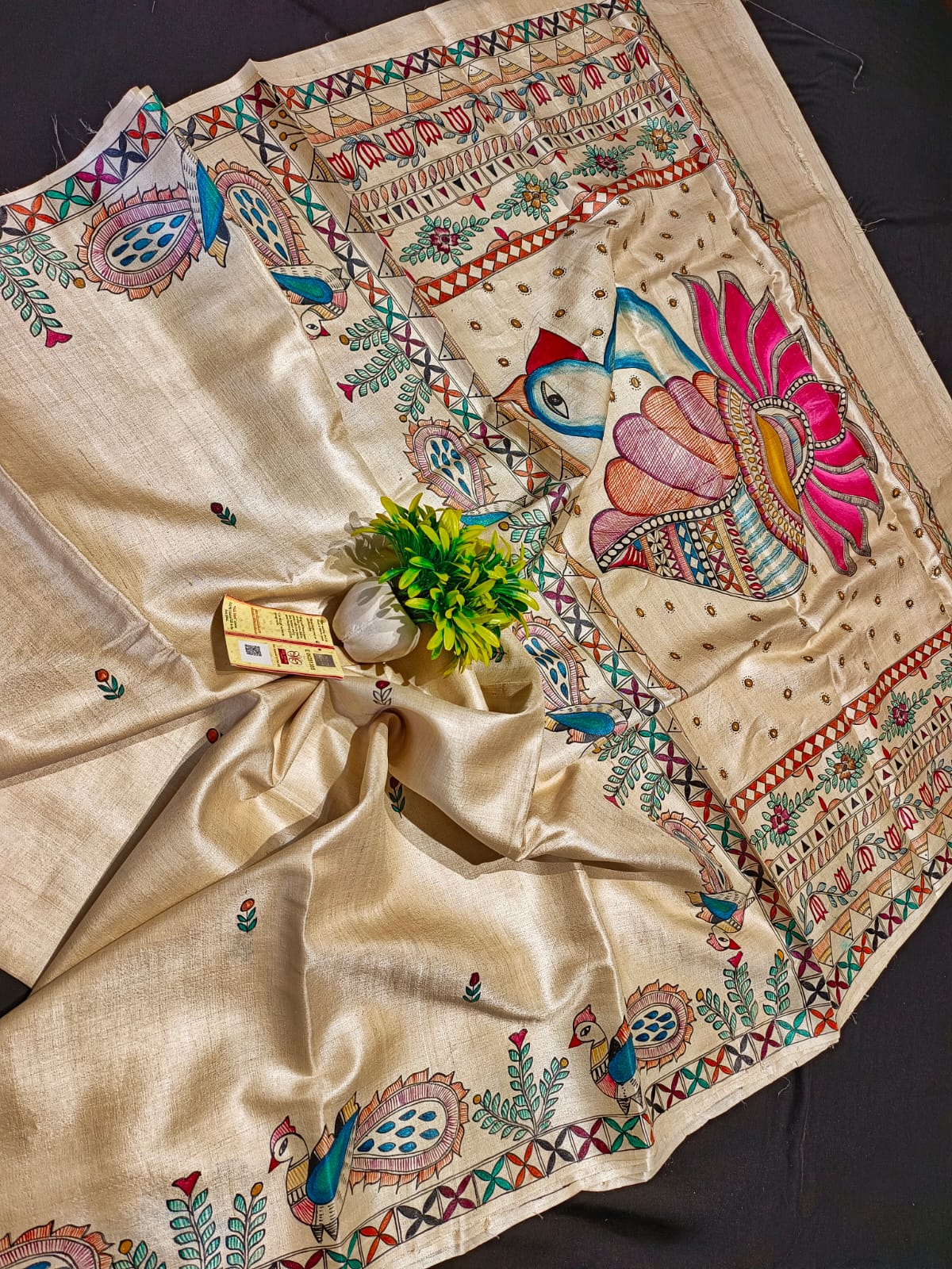 Beige Madhubani Hand-Painted Desi Tussar Authentic Handloom Saree