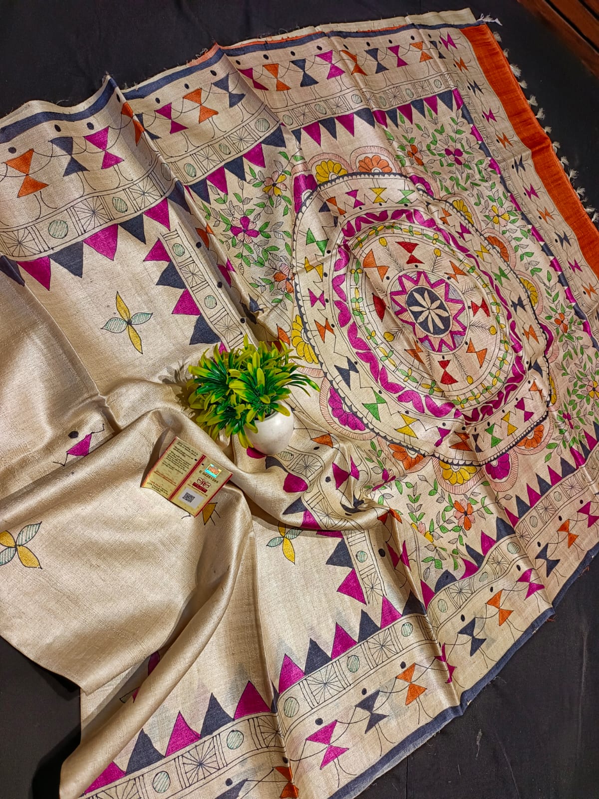Beige Madhubani Hand-Painted Desi Tussar Authentic Handloom Saree