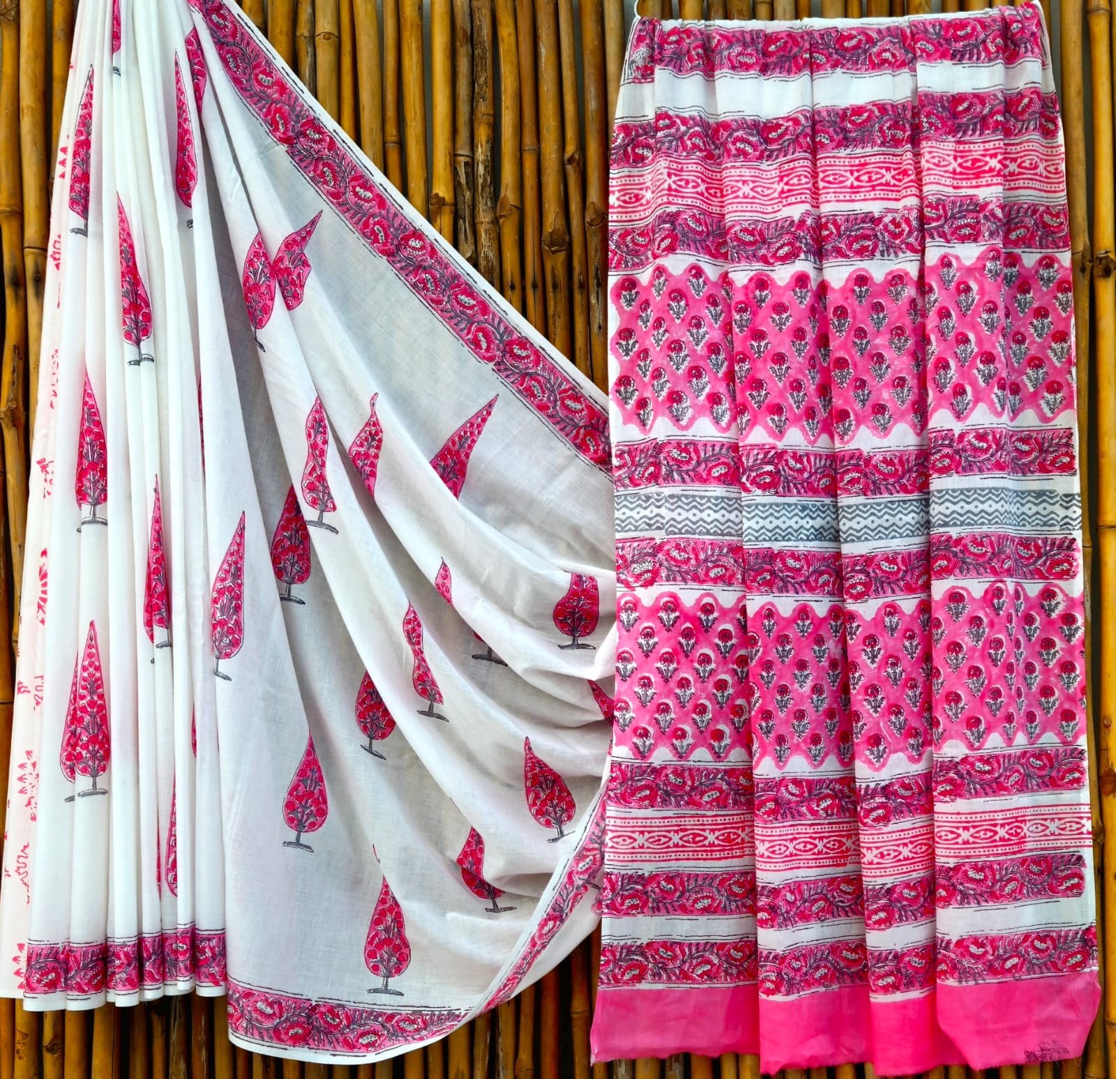 Pure Cotton Handblock Print Mulmul Saree – Naturally Dyed Bagru Print