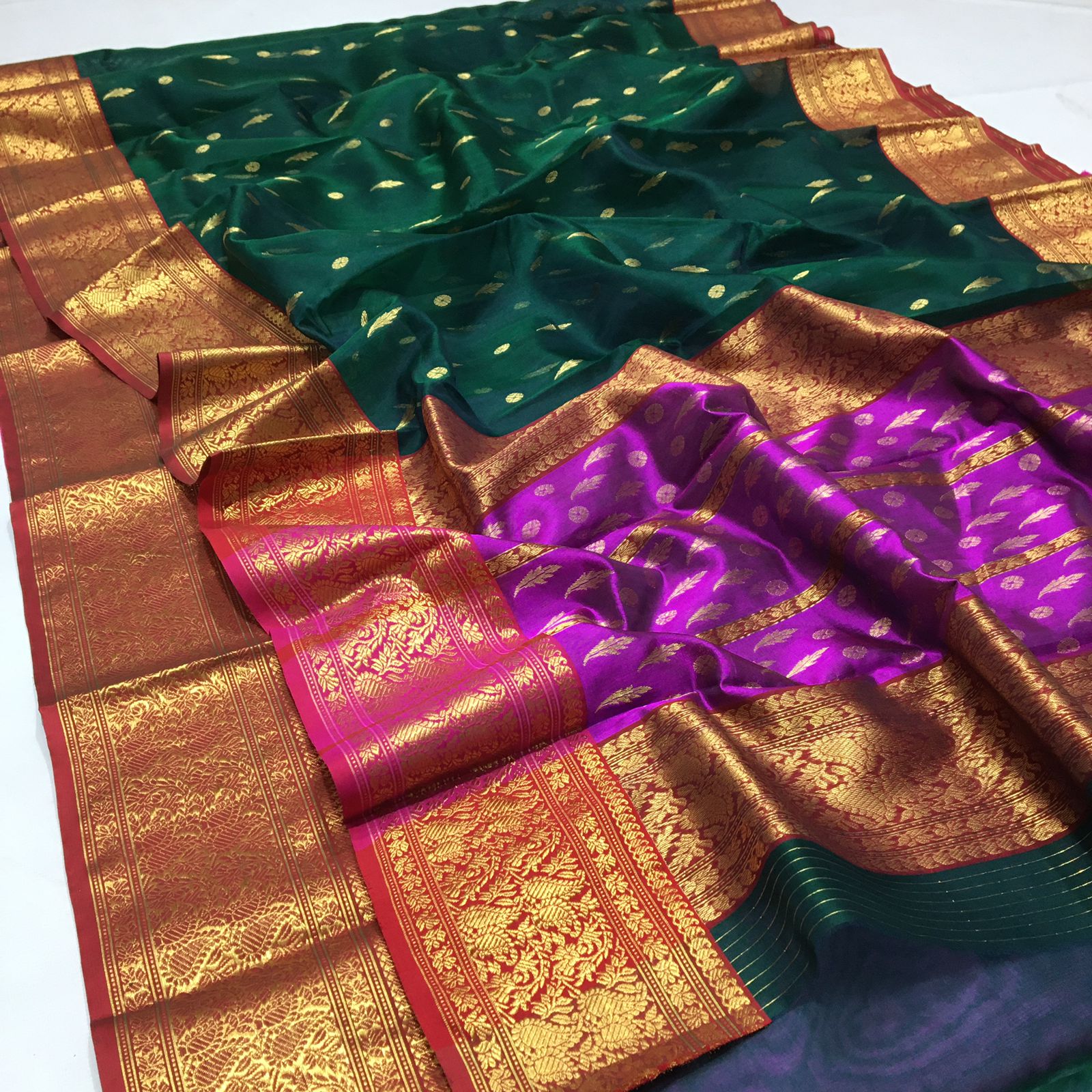 Authentic Handloom Bottle Green Katan Organza Silk Saree