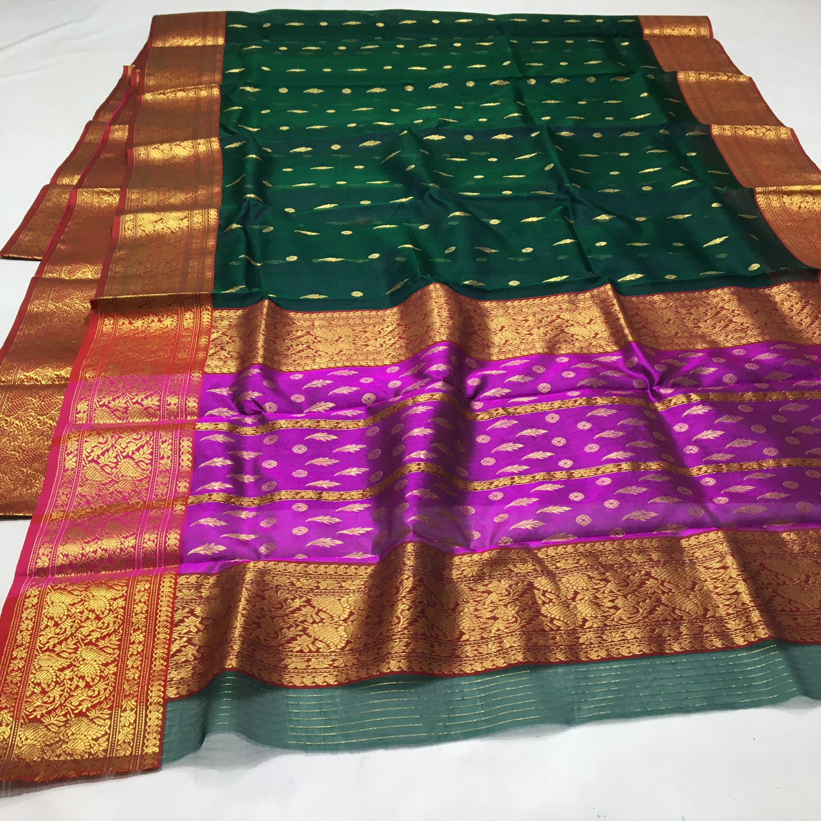 Authentic Handloom Bottle Green Katan Organza Silk Saree