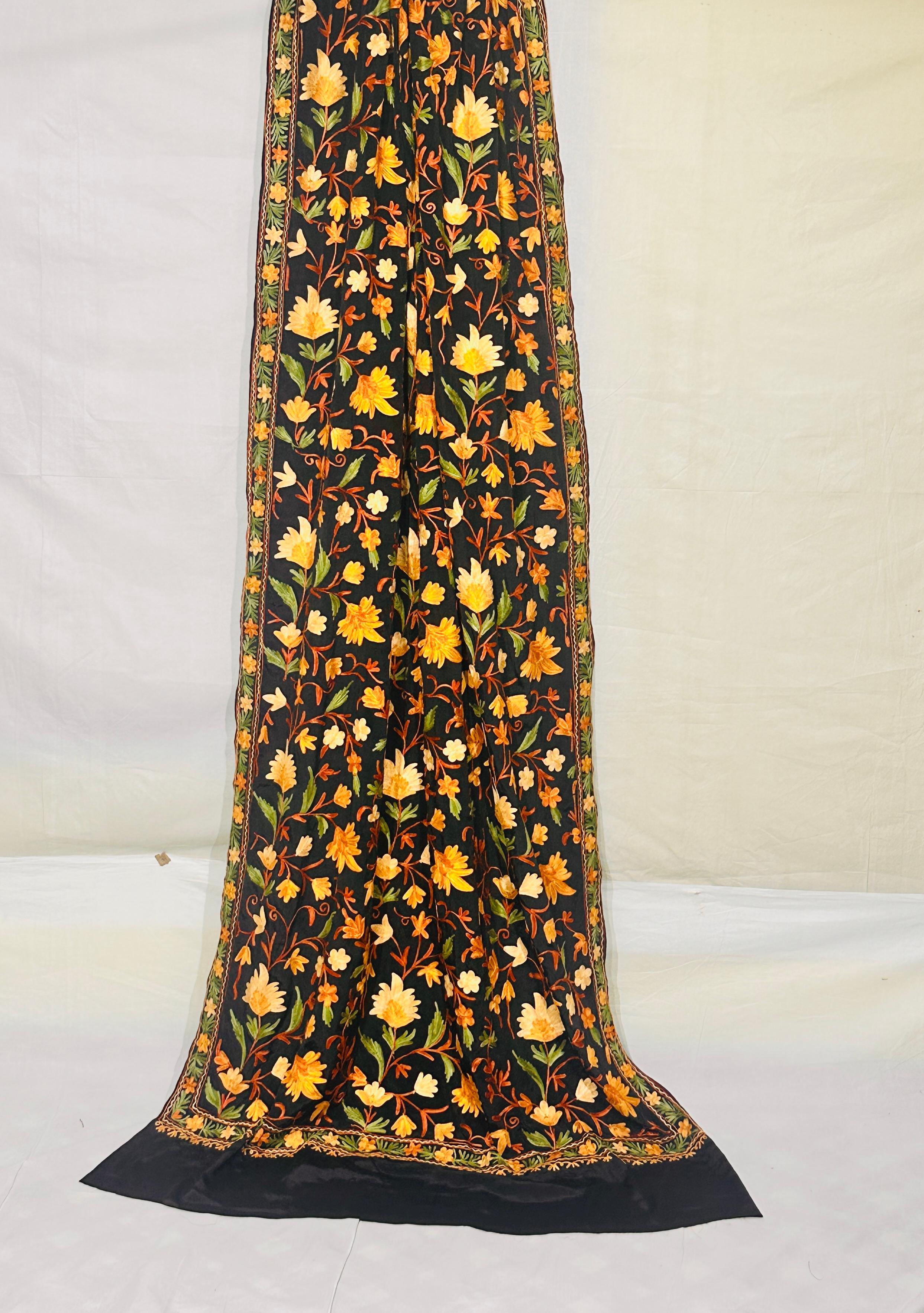 Exquisite Black Crepe Saree - Handcrafted Kashmiri Aari Work with Golden & Orange Florals