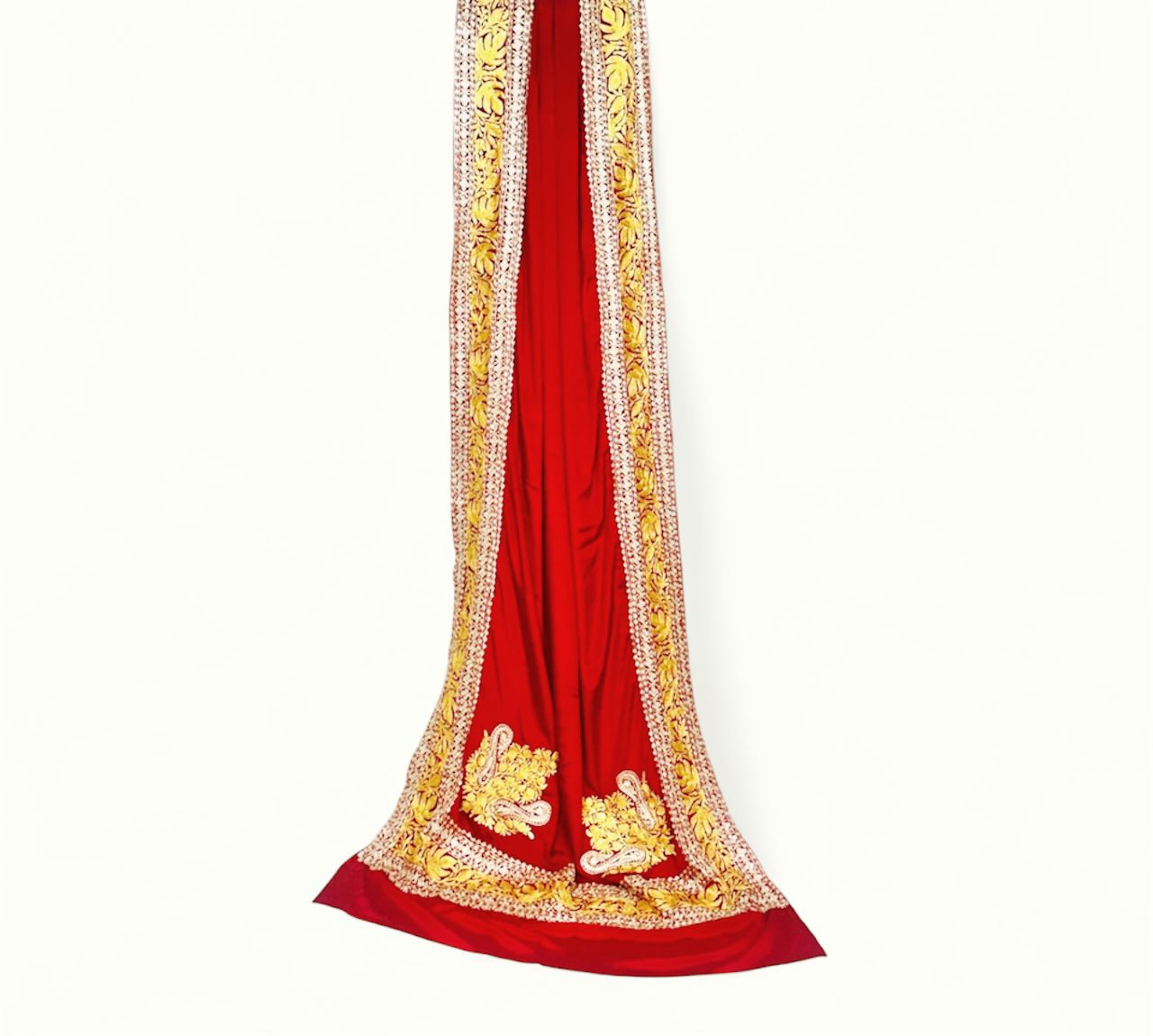 Magnificent Red Crepe Saree with Kashmiri Tilla Work - Double Border Golden Embroidery