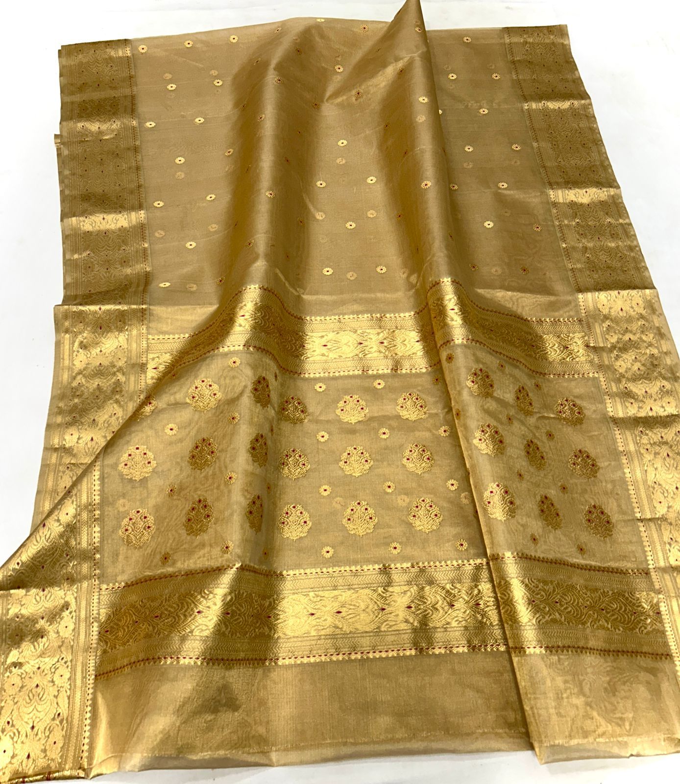 Golden Katan Organza Tissue Silk Authentic Handloom Wedding Saree