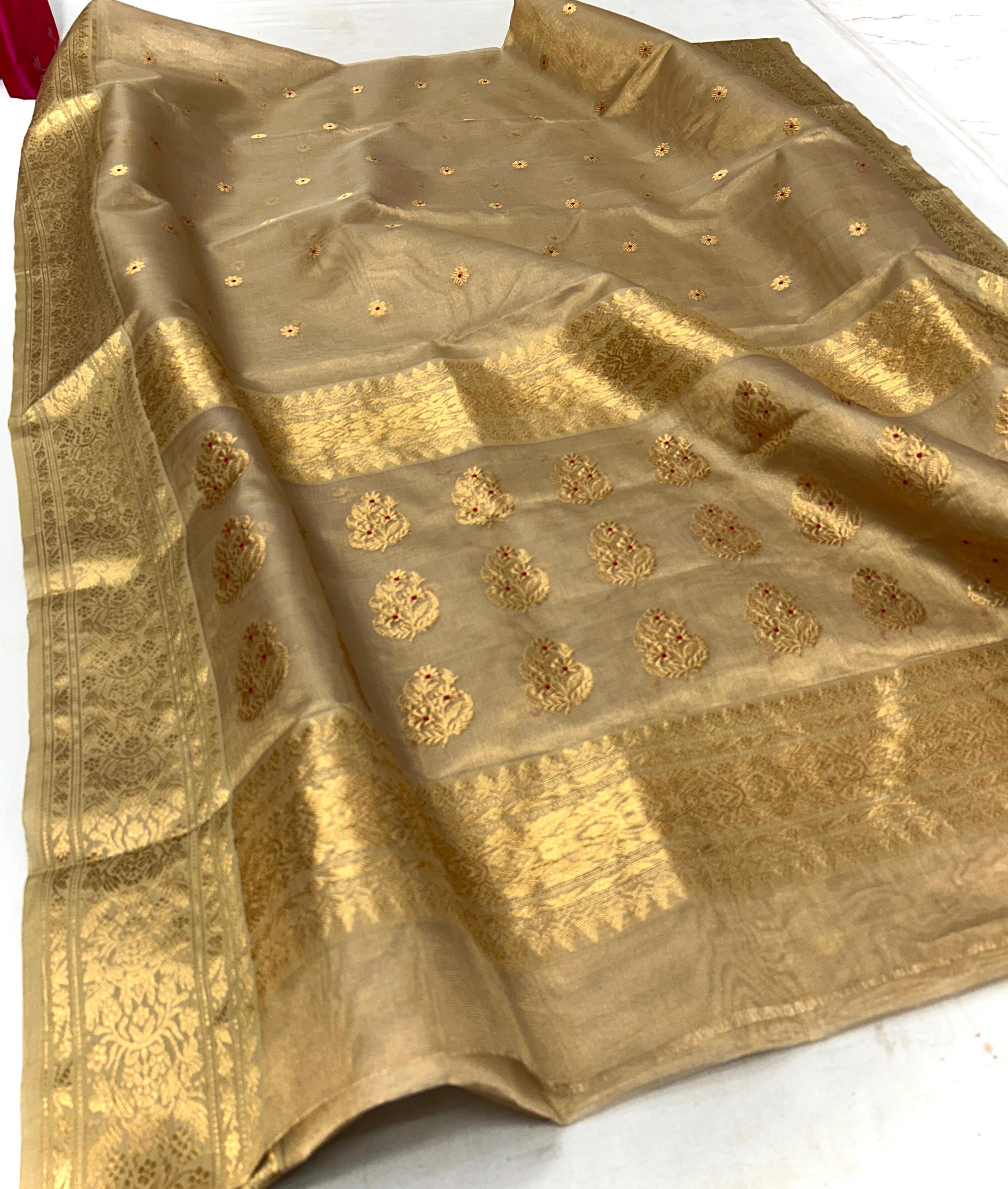 Golden Katan Organza Tissue Silk Authentic Handloom Wedding Saree