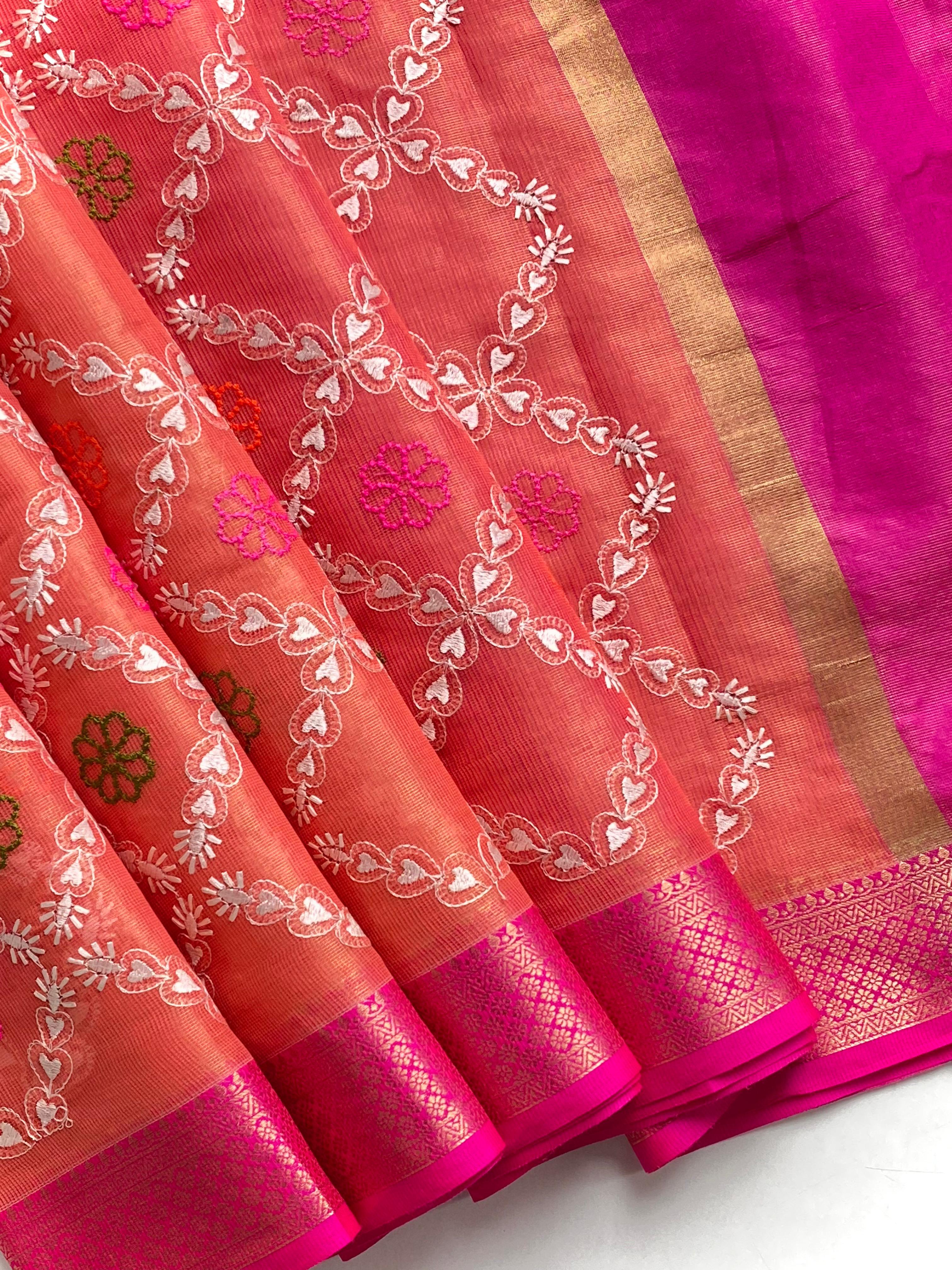 Pure Tissue Kota Embroidery Saree with Pink Contrast Border