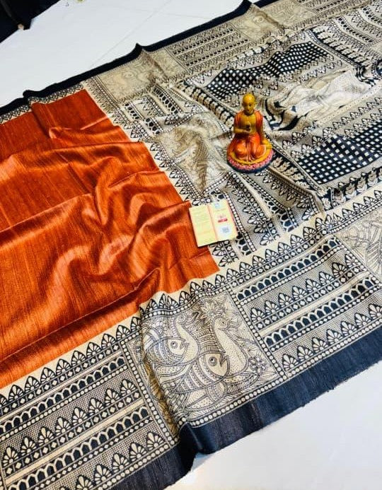 Authentic Pure Tussar Silk Saree with Madhubani Touch