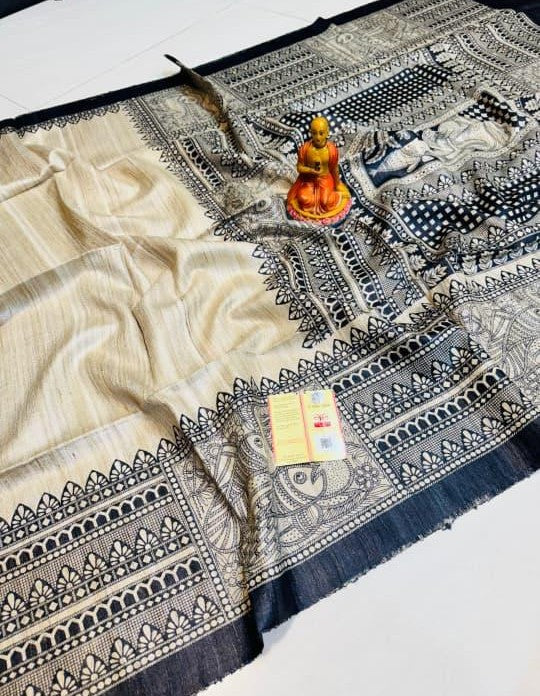 Authentic Pure Tussar Silk Saree with Madhubani Touch