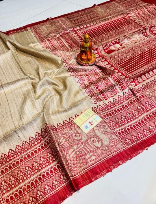 Authentic Pure Tussar Silk Saree with Madhubani Touch