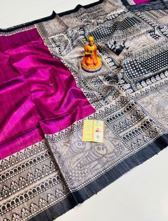 Authentic Pure Tussar Silk Saree with Madhubani Touch