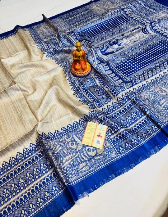 Authentic Pure Tussar Silk Saree with Madhubani Touch