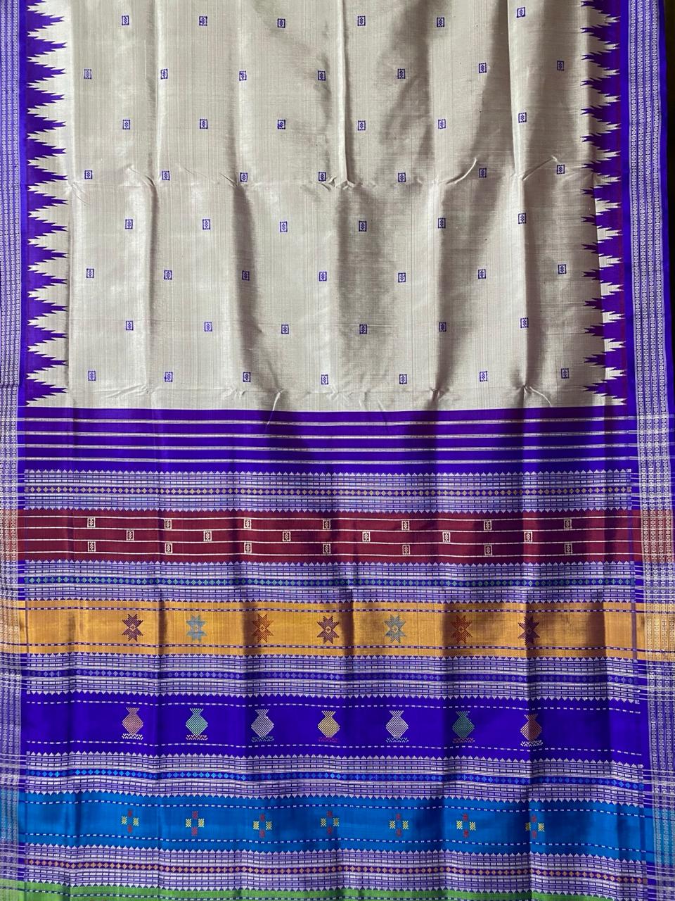 Dual-Tone Grey & Blue Berhampuri Silk Saree With Contrast Blouse Piece