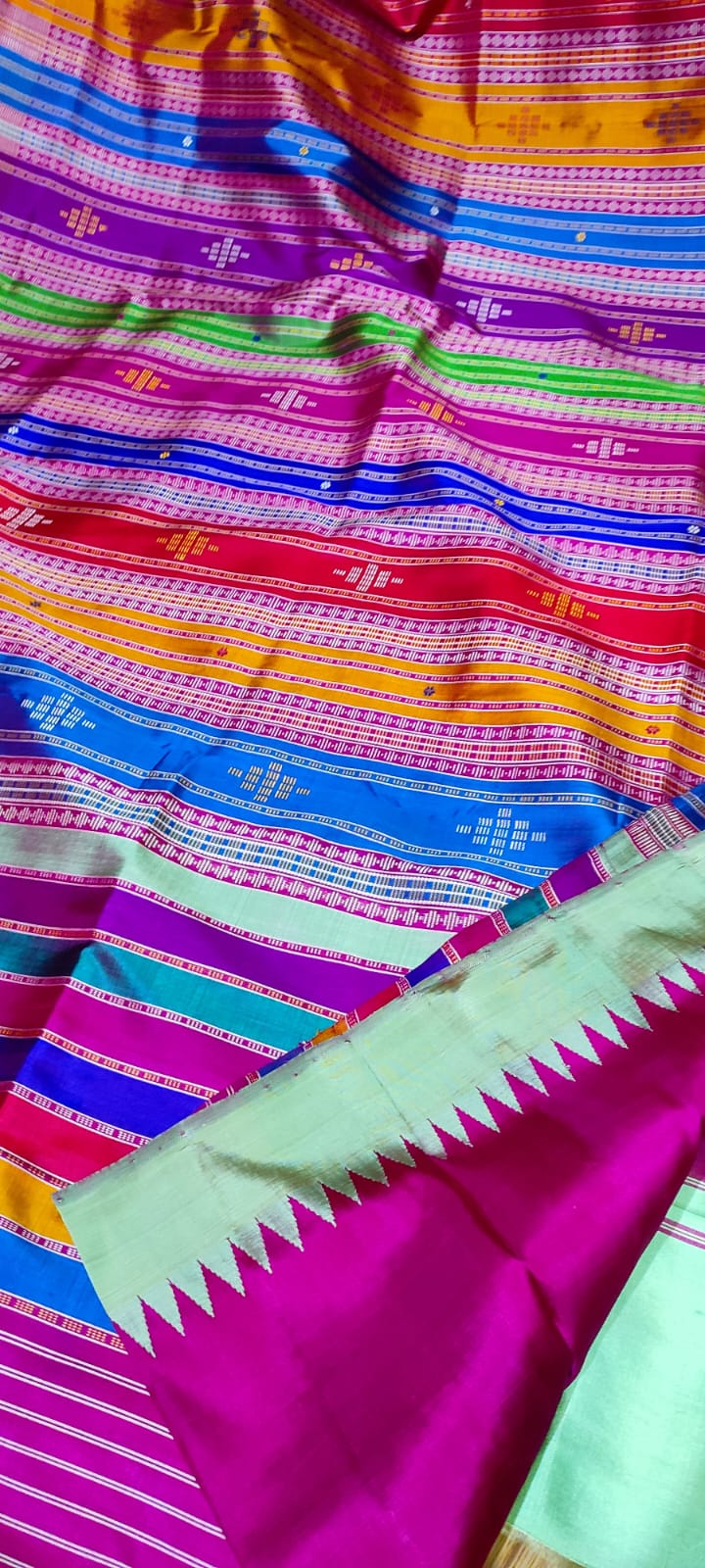 Pastel Green With Vibrant Magenta Berhampuri Double Pallu Silk Saree