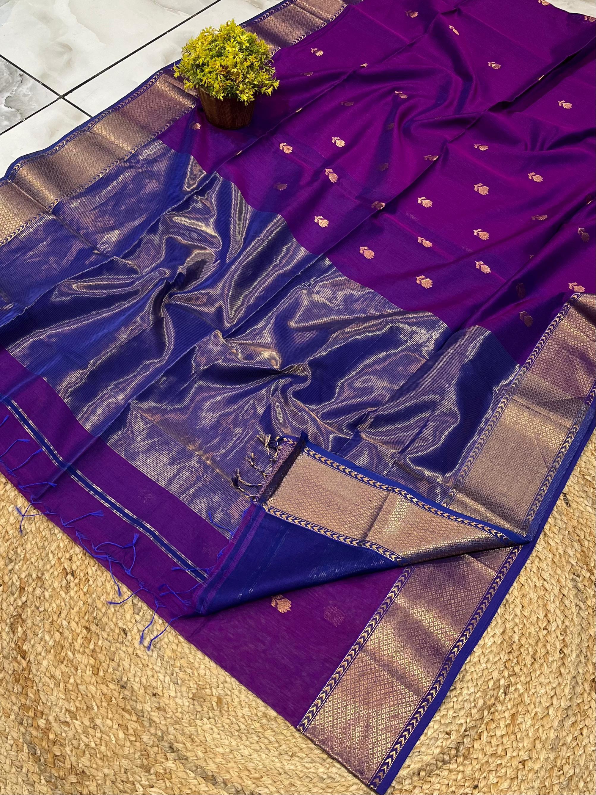 Deep Purple Handwoven All Over Lotus Buti Maheshwari Silk Saree