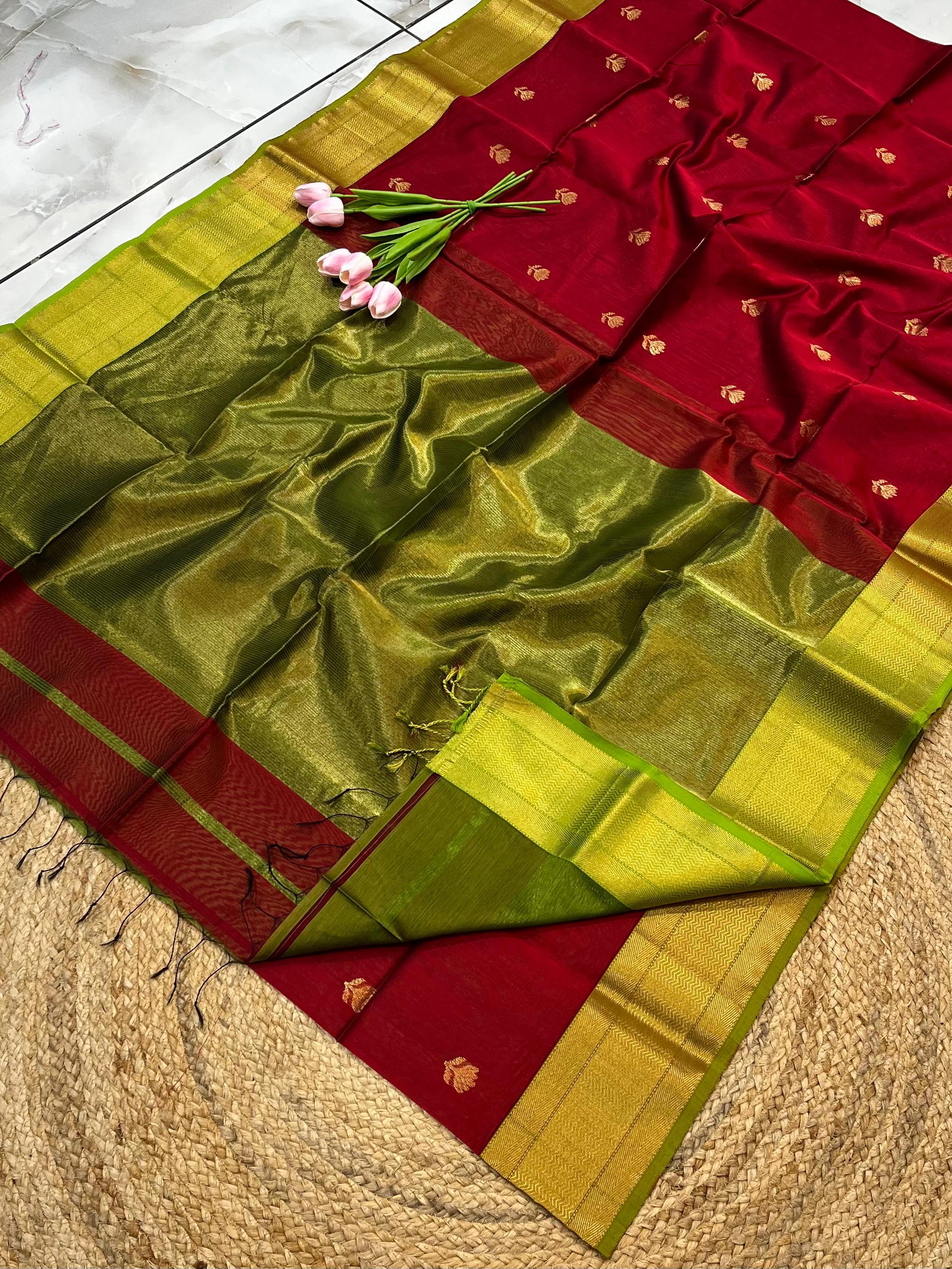 Handwoven All Over Lotus Buti Maheshwari Silk Saree