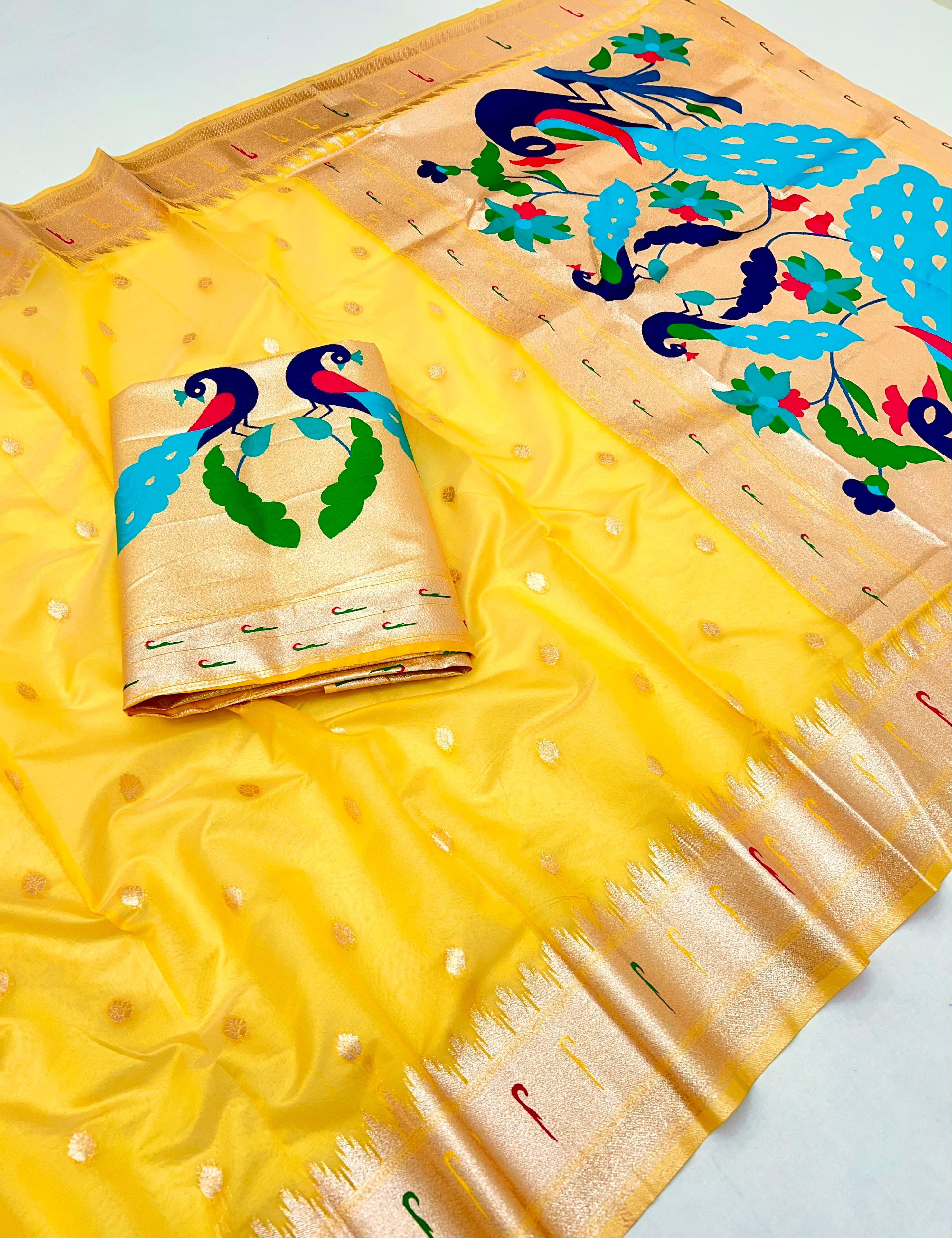 Vibrant Gold Yellow Paithani-Inspired Organza Tissue Saree with Brocade Blouse