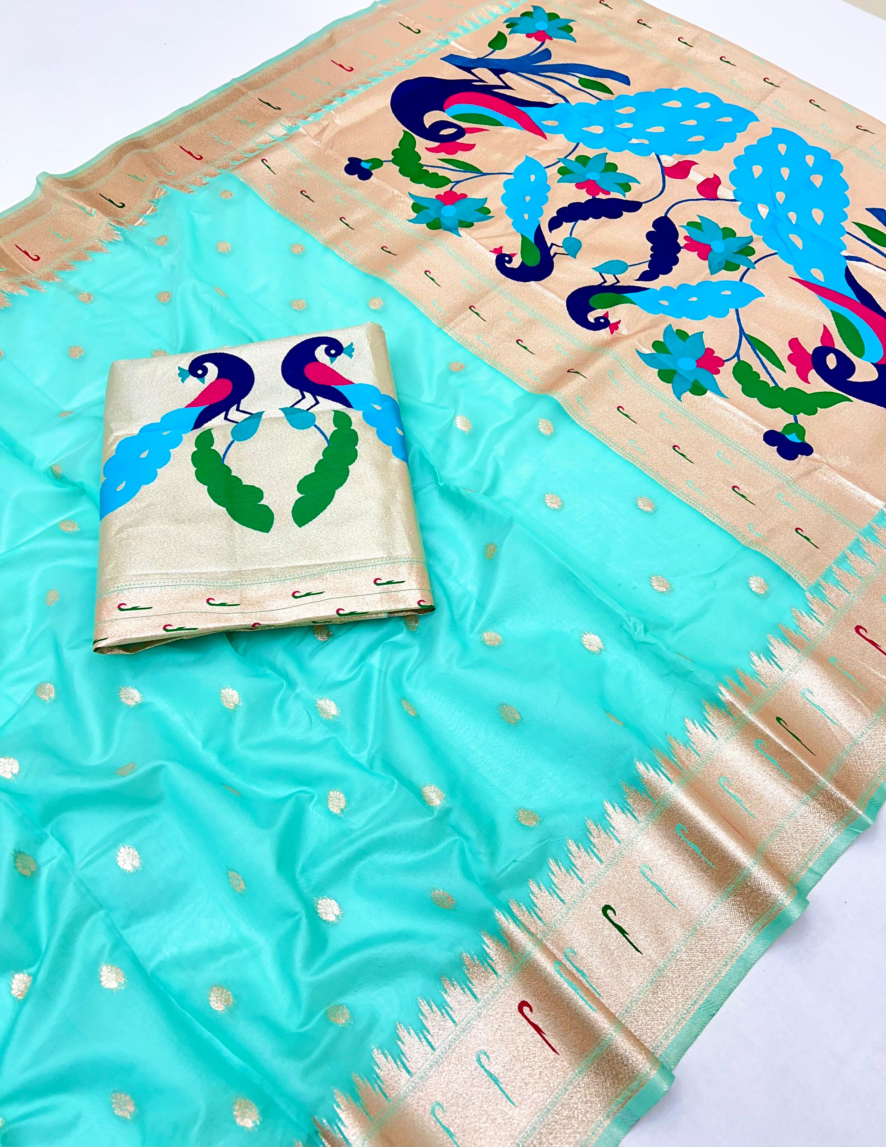 Aqua Blue Paithani-Inspired Organza Tissue Saree with Brocade Blouse