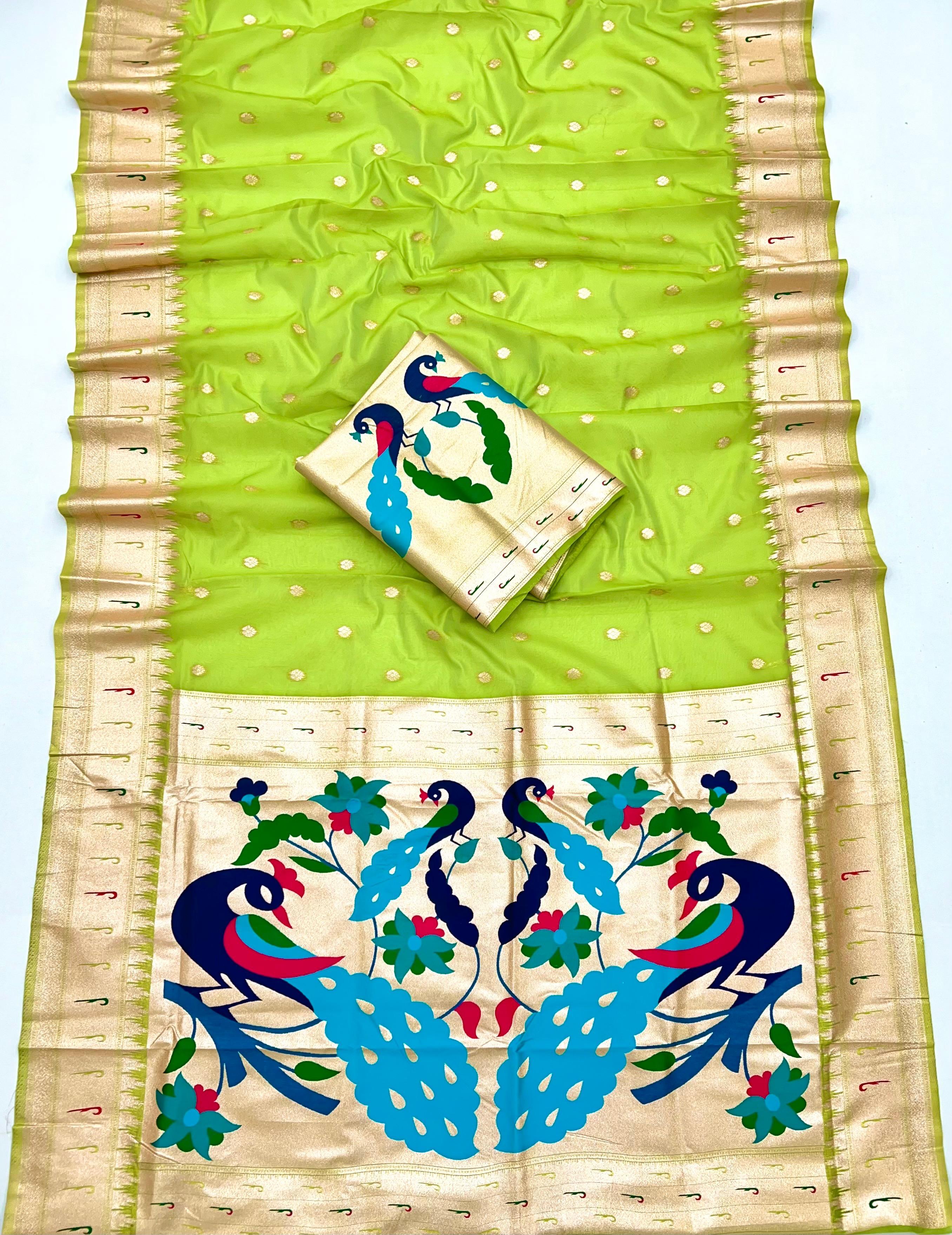 Vibrant Parrot Green Paithani-Inspired Organza Tissue Saree with Brocade Blouse