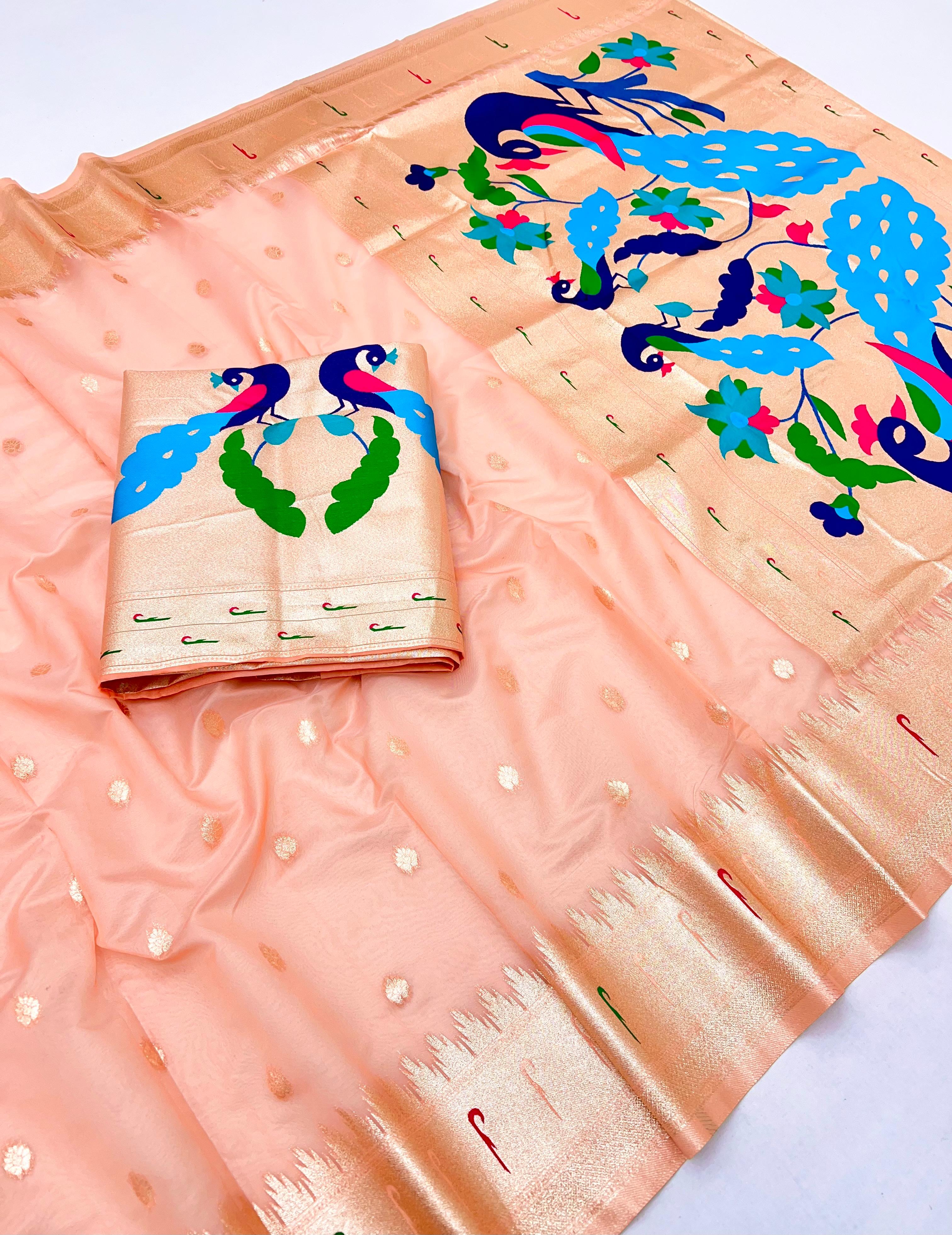 Peach Color Paithani-Inspired Organza Tissue Saree with Brocade Blouse