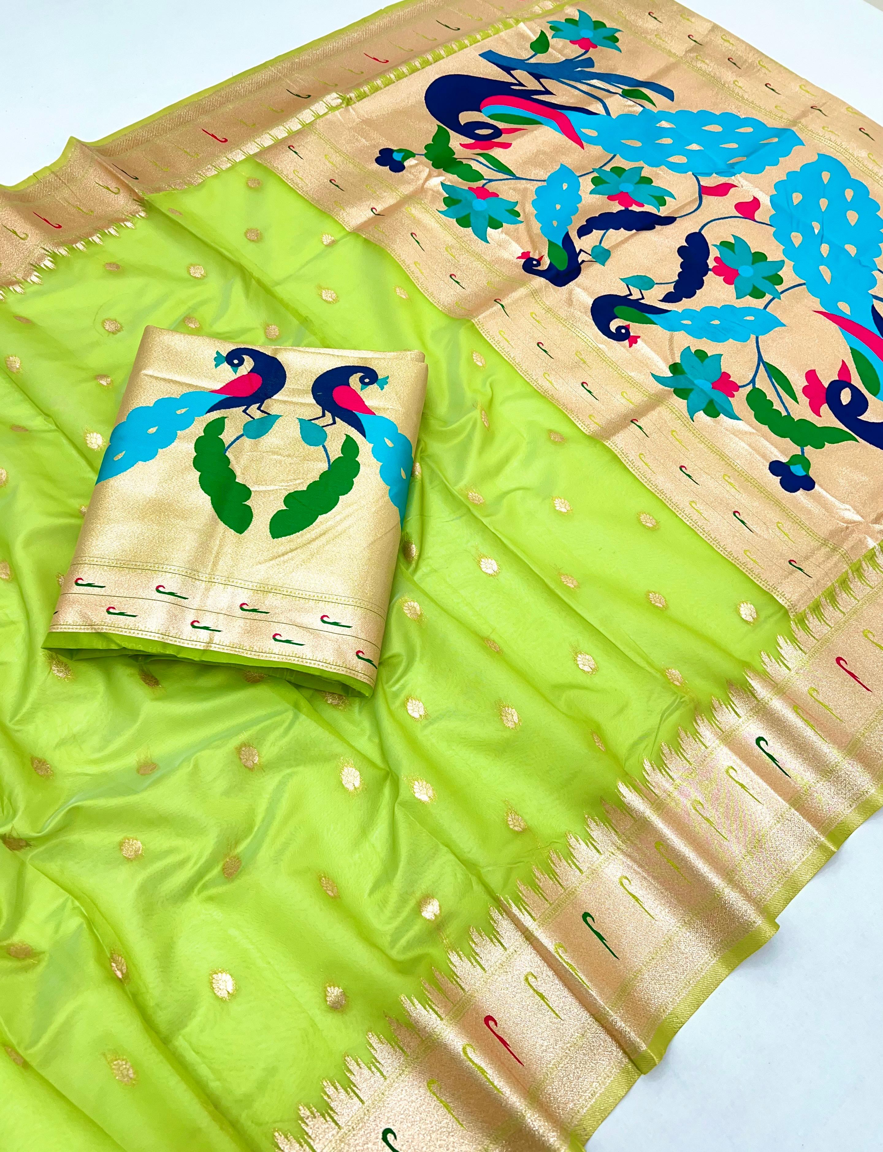 Vibrant Parrot Green Paithani-Inspired Organza Tissue Saree with Brocade Blouse